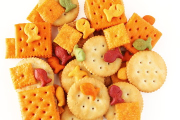 mix Crackers isolated on a White Background top view for food concept,health concept,party...