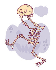 Cartoon character. Funny headless skeleton with skull in his hands. Scary pumpkin background - 223255039