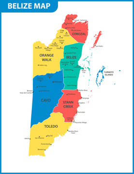 The detailed map of Belize with regions or states and cities, capital. Administrative division.