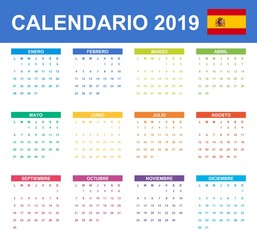 Spanish Calendar for 2019. Scheduler, agenda or diary template. Week starts on Monday