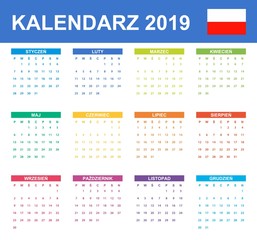Polish Calendar for 2019. Scheduler, agenda or diary template. Week starts on Monday