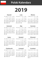 Polish Calendar for 2019. Scheduler, agenda or diary template. Week starts on Monday