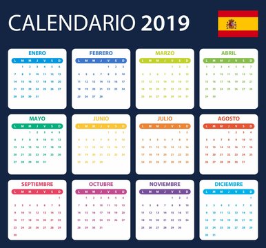 Spanish Calendar for 2019. Scheduler, agenda or diary template. Week starts on Monday