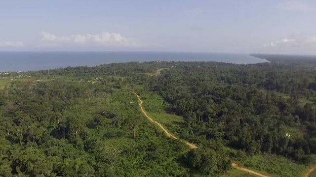 Aerial view of coastline, forest and sea in Kribi in Cameroon, west Africa. Drone moves forward, along dirt road, toward the sea.