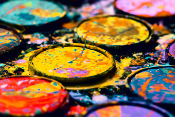Watercolor paint palette. Colorful paint splash.