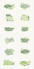 Organic Product, Made in Nature and Locally Grown Vegan logos and elements collection for food market, ecommerce, products promotion, healthy life and premium quality food and drink. Hand typography. 