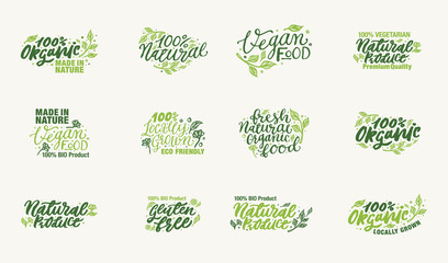Organic Product, Made in Nature and Locally Grown Vegan logos and elements collection for food market, ecommerce, products promotion, healthy life and premium quality food and drink. Hand typography. 