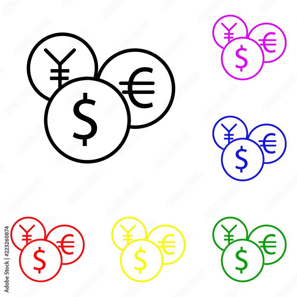 Poster element of different currencies in multi colored icons. premium quality graphic design icon. simple 