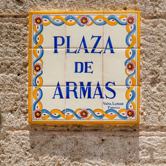 Street sign of Plaza de Armas  in Old Havana, Cuba