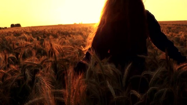 A young girl is walking on a huge farm field during a beautiful orange sunset. Filmed during the summer.