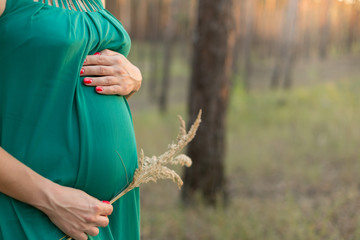 a pregnant girl in a green dress. pregnant woman keeps her hand on her stomach