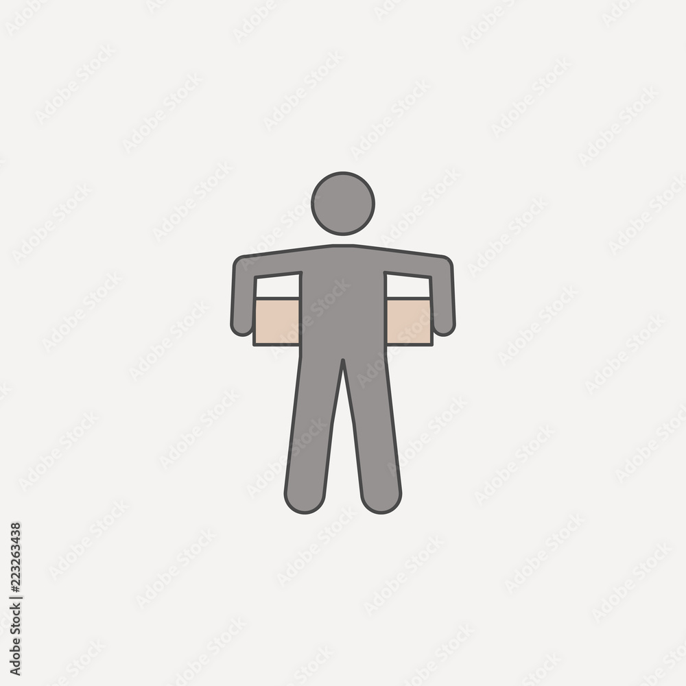 Poster man carries box behind 2 colored line icon. simple colored element illustration. man carries box beh