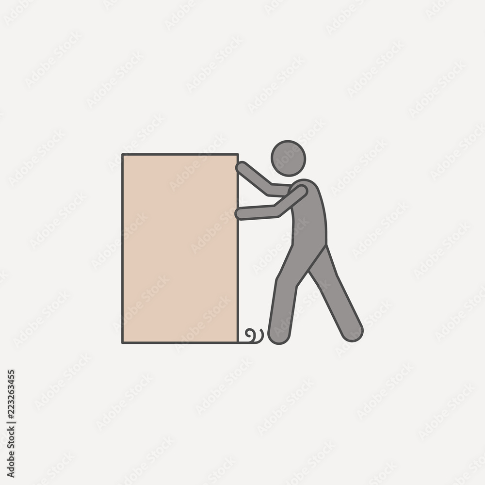 Poster man pushes box 2 colored line icon. simple colored element illustration. man pushes box outline symb
