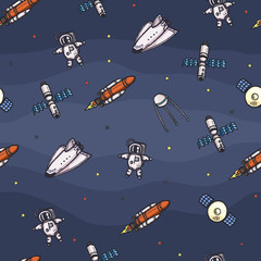 Hand drawn vector astronomy doodle seamless pattern.