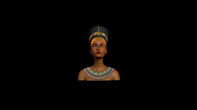 Nefertiti Queen of Egypt reconstruction CGI Egyptian Pharaoh headdress gold necklace inspired by plaster bust, decoration, Makeup, black background Moving from distance to close up looking up