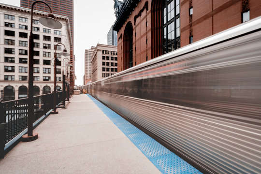 Train driving through a station, Chicago, Illinois, United States