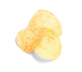 Tasty crispy potato chips on white background