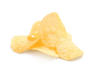 Tasty crispy potato chips on white background