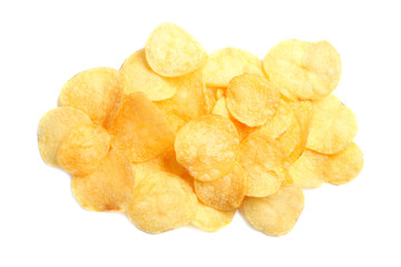 Tasty crispy potato chips on white background