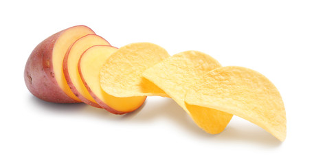 Raw potato and tasty chips on white background