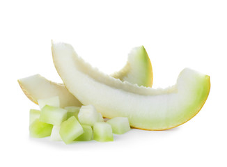 Slices of tasty ripe melon on white background