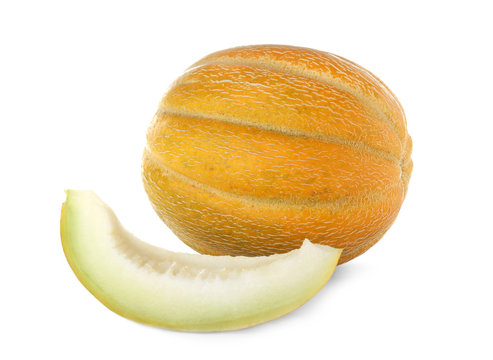 Whole and slice of ripe tasty melons on white background