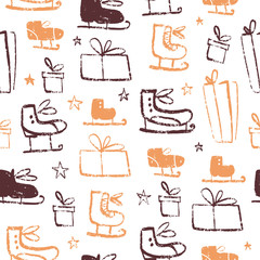 Vector Christmas seamless pattern with hand drawn figure skates, stars and gidt boxes sketch elements. Perfect for cards, gift tags, packaging paper etc.