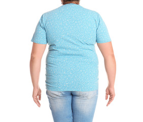 Obraz premium Fat woman on white background, closeup. Weight loss