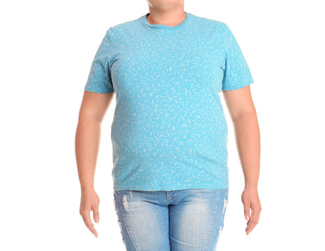 Fat woman on white background, closeup. Weight loss
