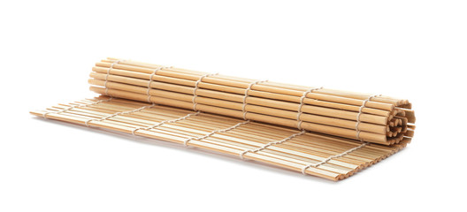 Rolled sushi mat made of bamboo on white background