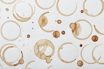 Dried coffee cup stains on white background, top view