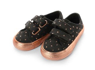 Cute stylish child shoes isolated on white