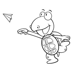 Cute Turtle flying a Paper Plane Coloring Book Cartoon Vector
