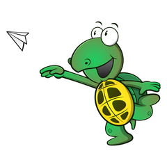 Cute Turtle throw a paper plane cartoon vector