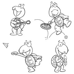 Set Of Cute Little Turtle Characters activities while catch a fish, sing and playing guitar, flying a paper plane, and playing tennis for preschool Kids Coloring Book Cartoon Vector