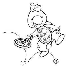 Cute Turtle shocked because broke down a tennis racket while play the game Coloring Book Cartoon Vector