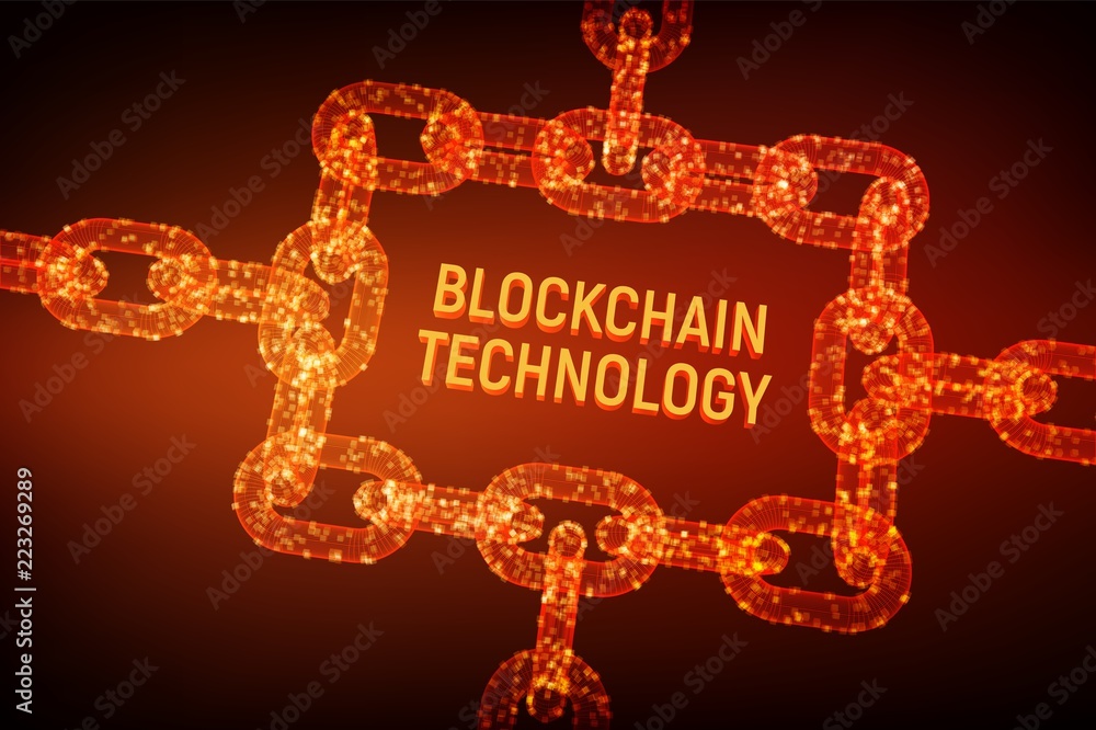Poster block chain. crypto currency. blockchain concept. 3d wireframe chain with digital blocks. editable c