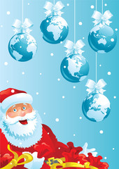 Merry Christmas geeting card, Vector illustration of  baubles with globes and Santa Claus with gift bags.   