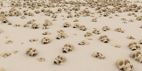 heap of skulls on sand. Apocalypse and hell concept. 3d rendering.