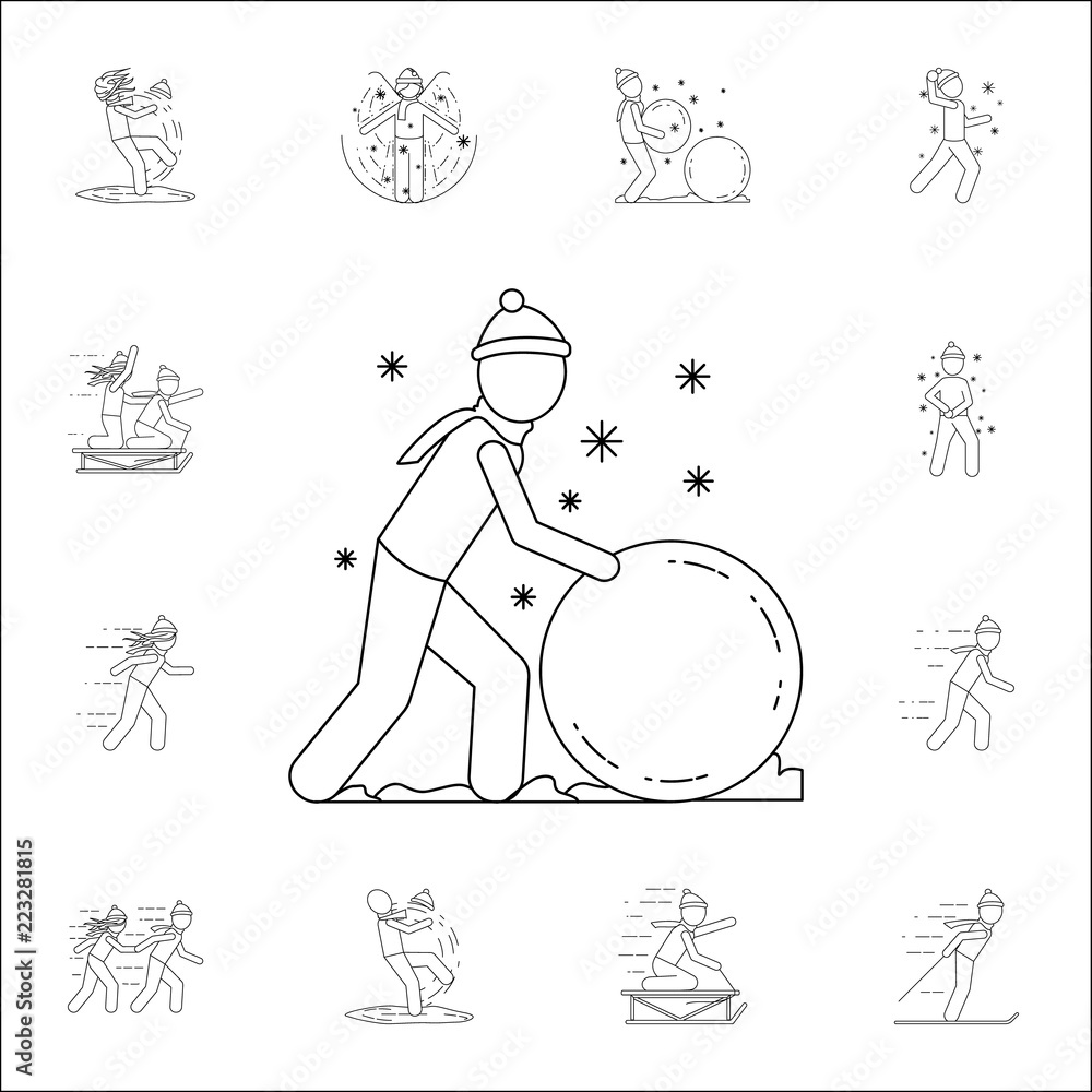 Poster man makes a snow ball icon. winter icons universal set for web and mobile