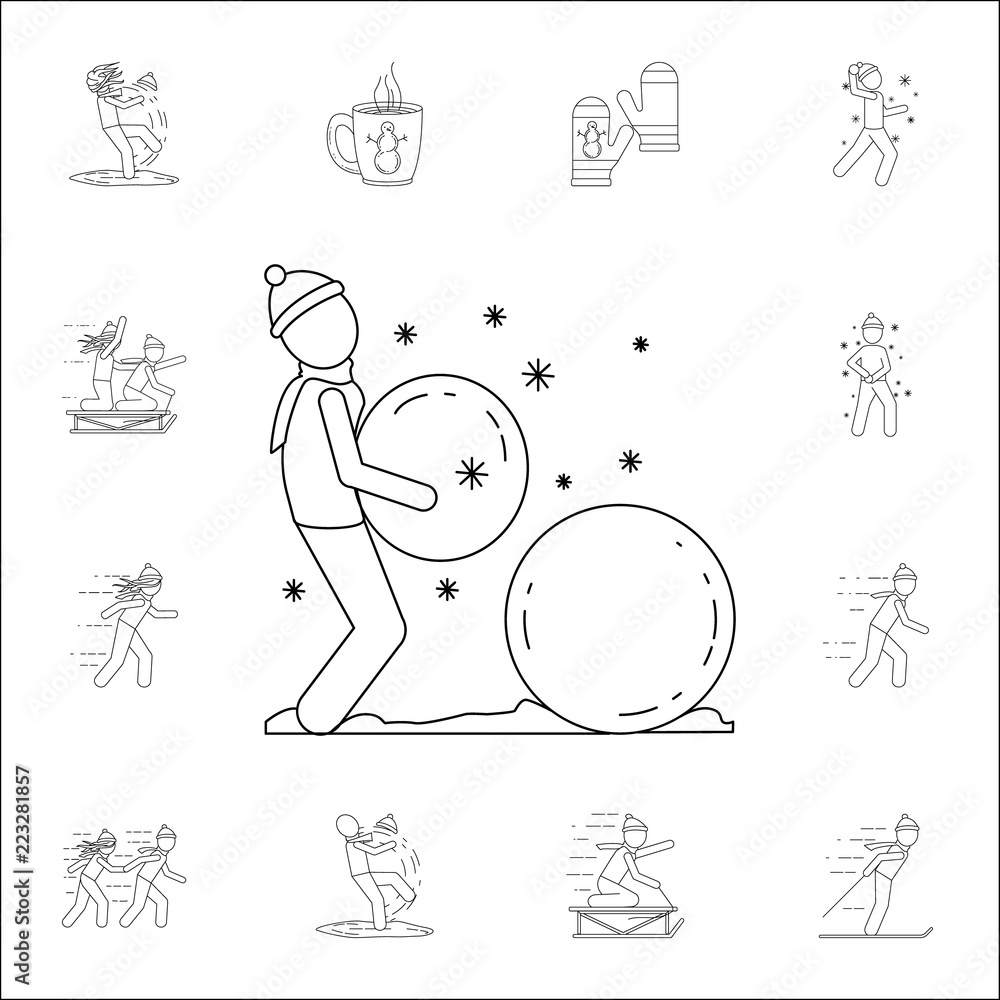 Poster man makes a snowman icon. winter icons universal set for web and mobile