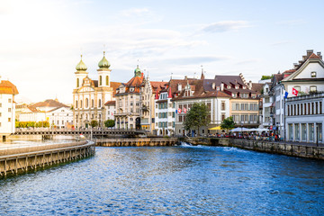 Historic city center of Lucerne with famous Chapel Bridge in Switzerland.