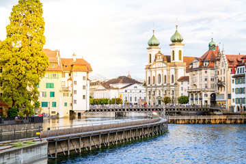 Historic city center of Lucerne with famous Chapel Bridge in Switzerland.