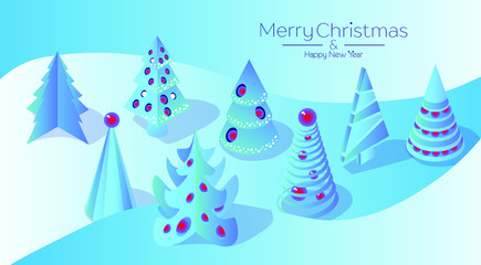 set of cute Christmas trees against the background of snowdrifts. Blue Christmas tree with Christmas toys. Isometry 3d