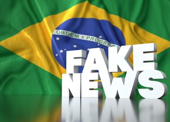 3d render, fake news lettering in front of Realistic Wavy Flag of brazil.