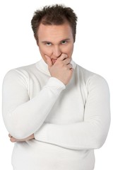 Young Man In White Sweater Covering His Mouth - Isolated