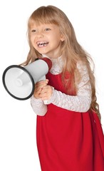 Cute little girl in red dress with megaphone isolated on white