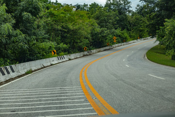 Road bend in forest.