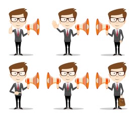 Set of Businessman in different poses with a megaphone . Full length, front view against white background. Stock flat vector illustration.