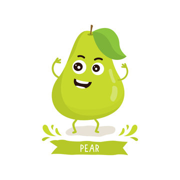 Cute Pear character, Pear cartoon vector illustration. Cute fruit vector character isolated on white background